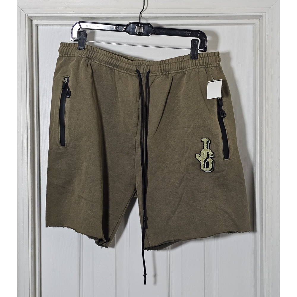 John Gieger Logo Sweat Shorts Size XL Olive Green Cut Off Zip Pockets Streetwear